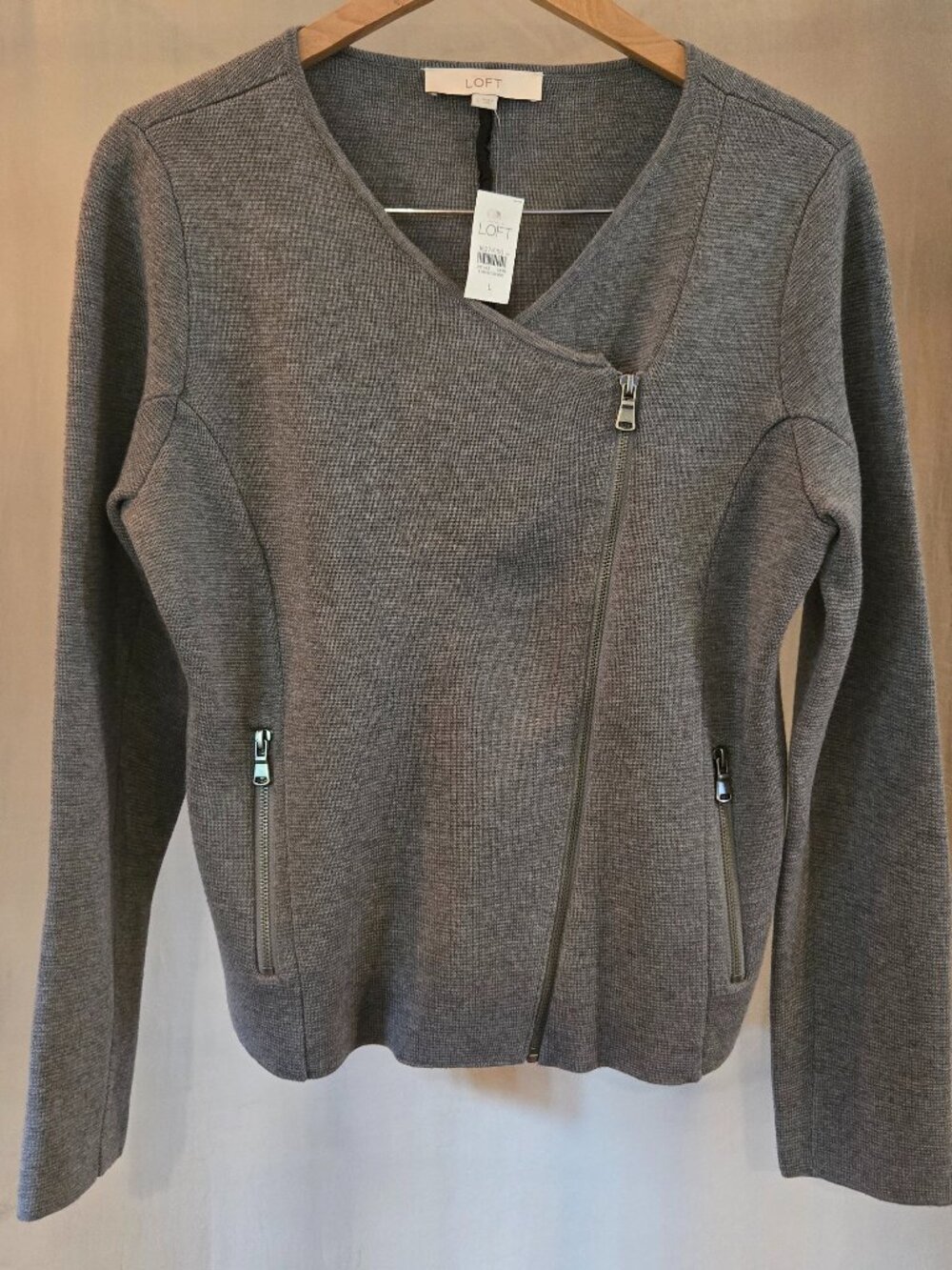 LOFT Gray Wool Blend Moto Cardigan Sweater Jacket Size L NWT